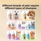 Panel of breed named pet shampoo bottles with Bichon, Teddy, Pomeranian and cat portraits