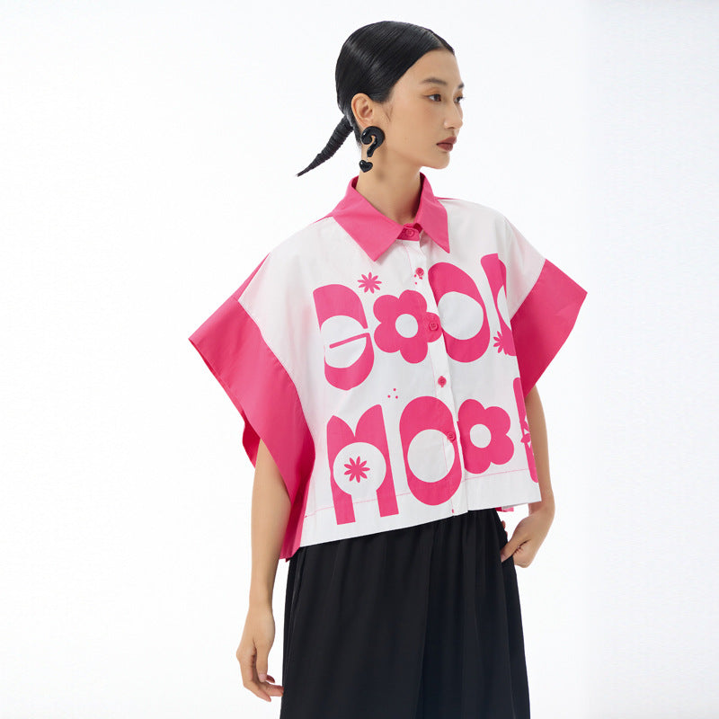 Rose red batwing sleeve cropped shirt with hot pink Good Mood graphic print