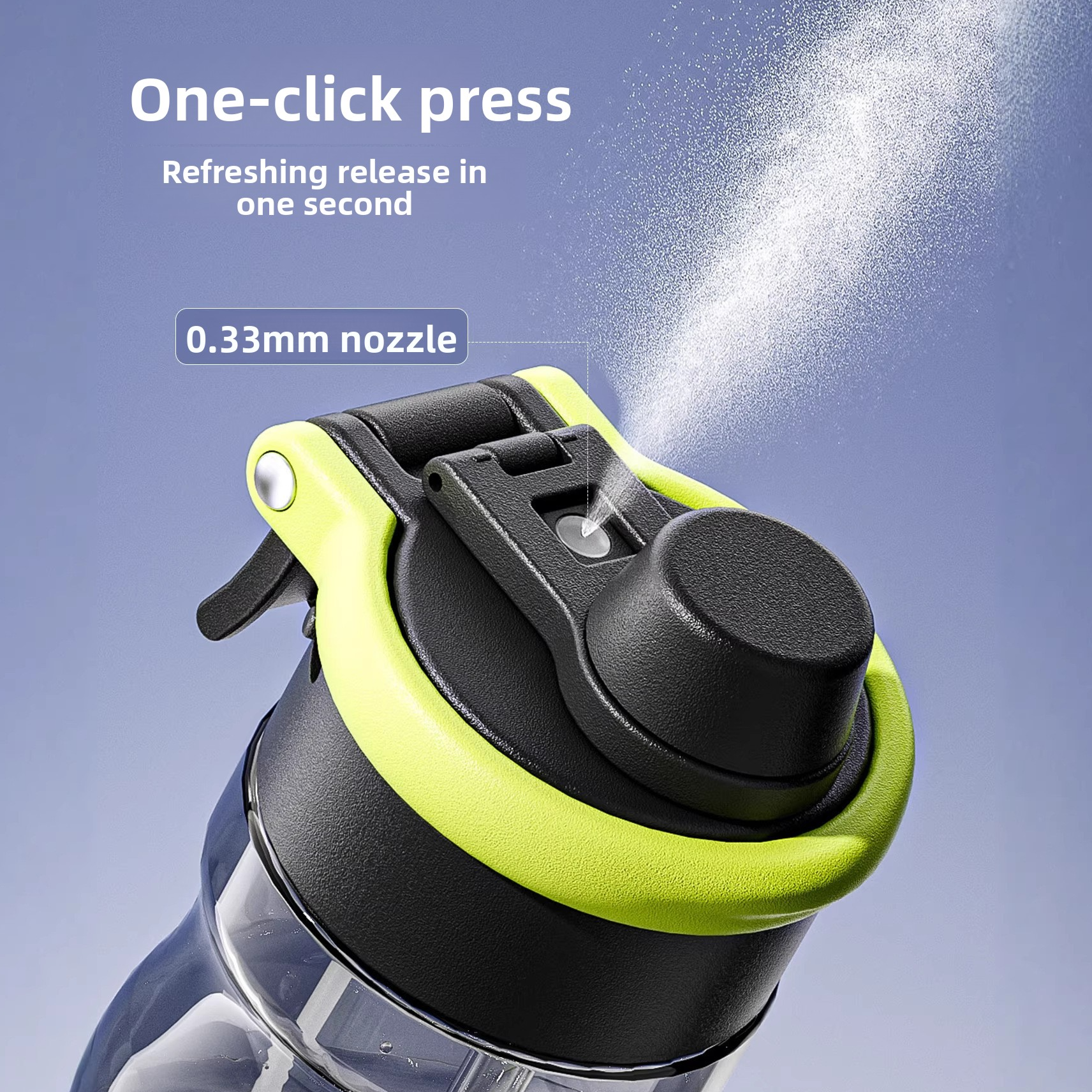 Close view of the black flip lid and the 0.33 mm spray nozzle on a green sports water bottle