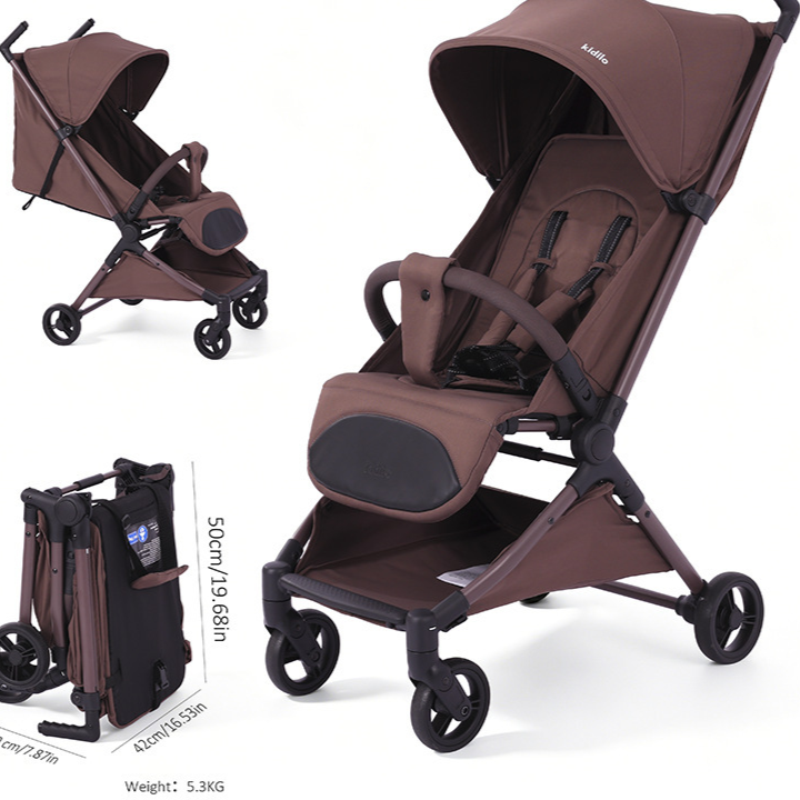 Coffee brown Kidilo travel stroller open with padded bar and folded compact