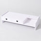 White 2 drawer desktop rack with heart cutout drawers and an open side space, front angled view