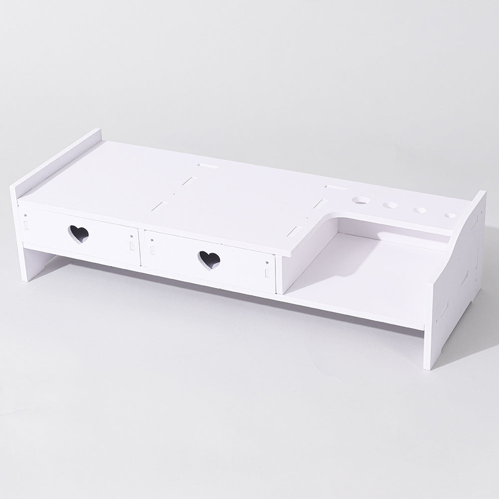 White 2 drawer desktop rack with heart cutout drawers and an open side space, front angled view
