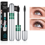 Dual ended black mascara, silver tube with a fine lengthening brush and a dense volumizing brush, plus lash examples
