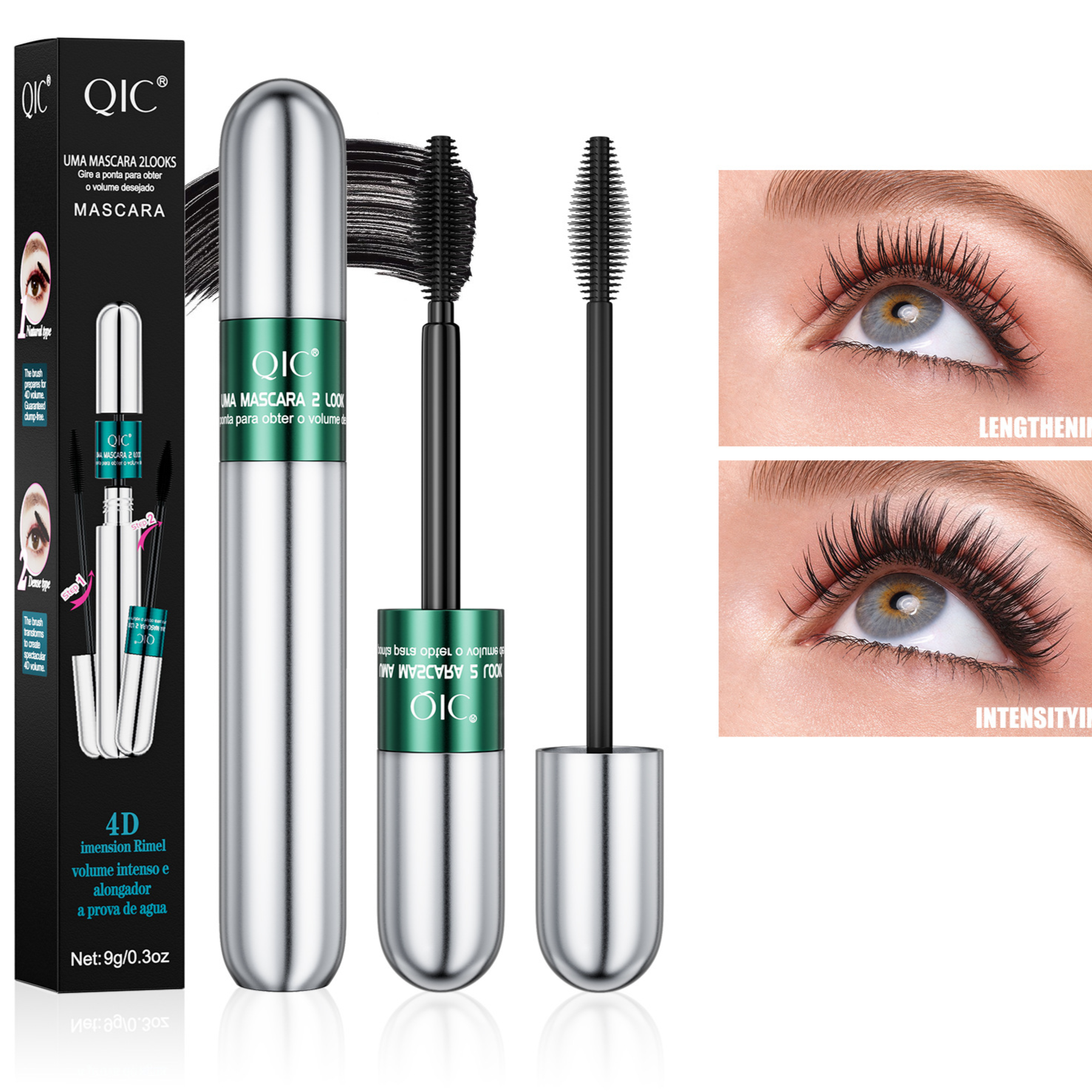 Dual ended black mascara, silver tube with a fine lengthening brush and a dense volumizing brush, plus lash examples