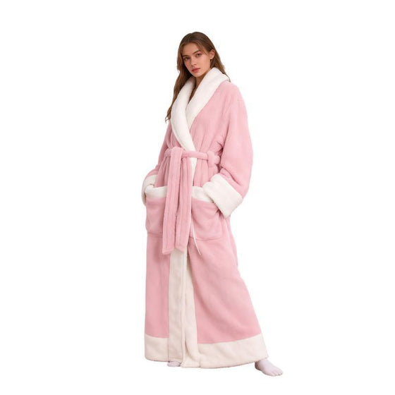 Long Flannel Bathrobe with Shawl Collar, Belt and Contrast Trim