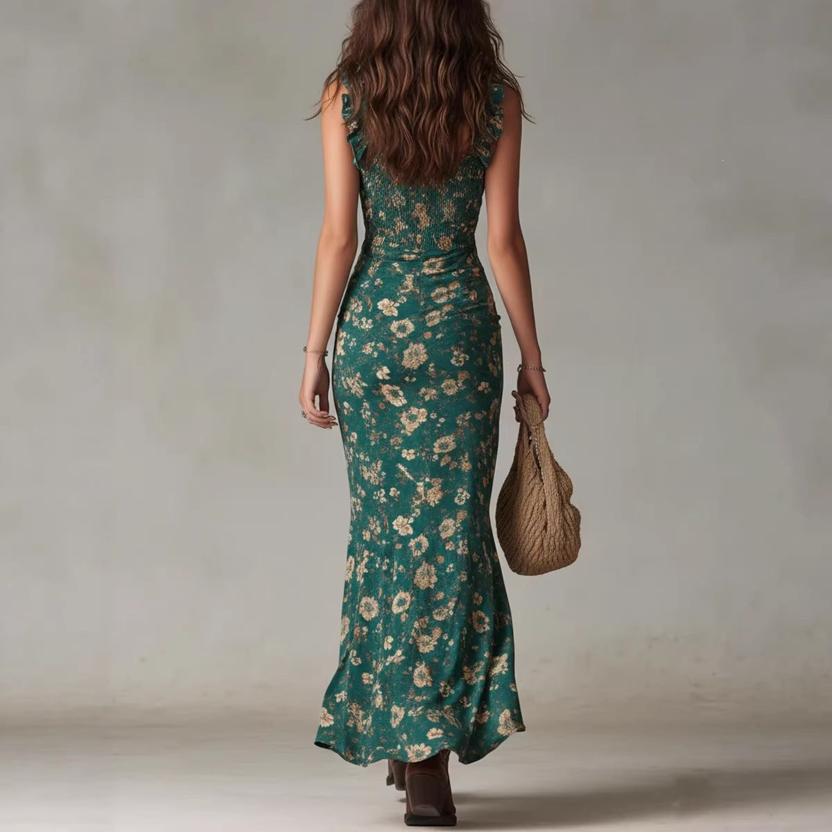 Bohemian Ruffled Sleeveless High-Slit Dress