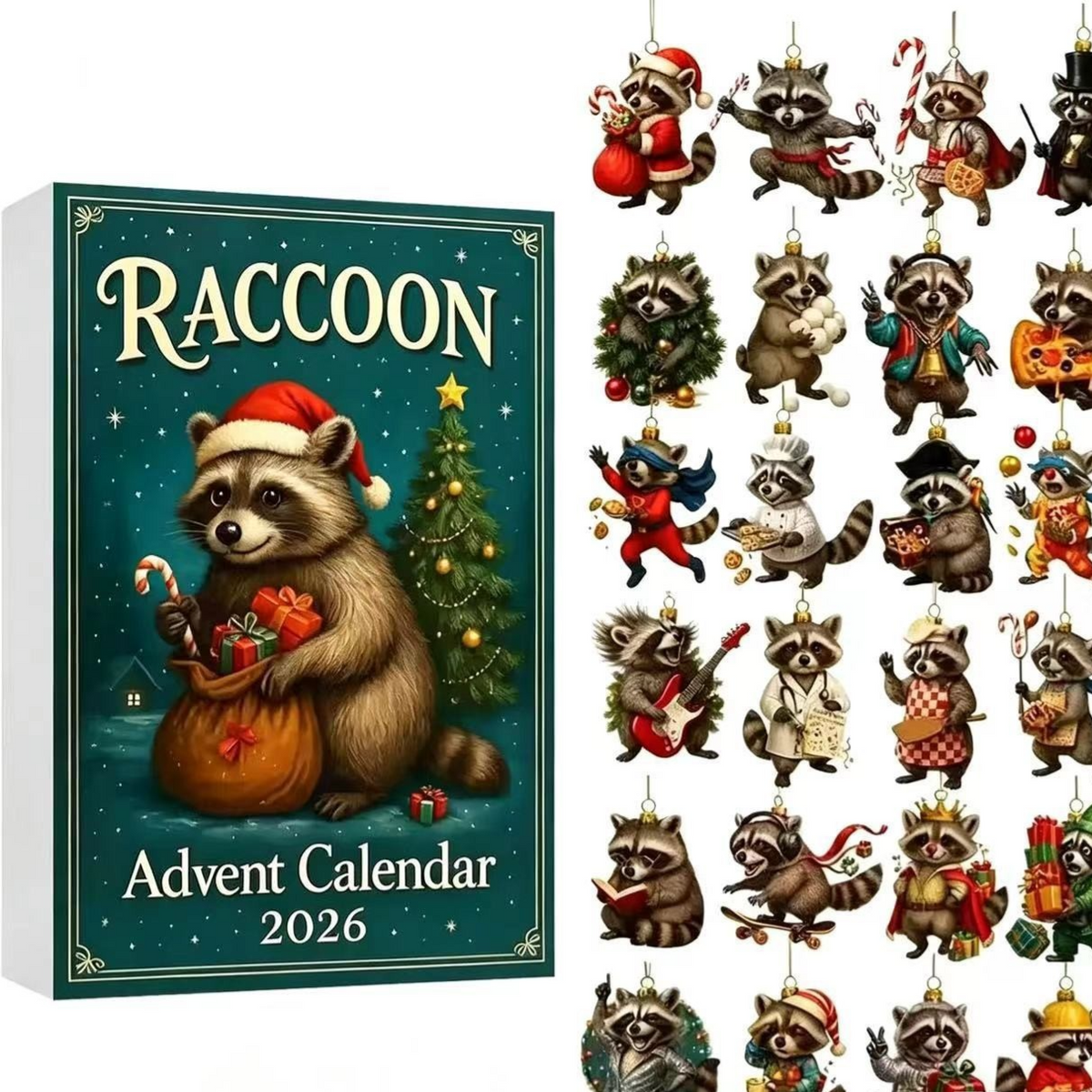 Raccoon advent calendar 2026 box with 24 raccoon ornaments in festive outfits, Raccoon Advent 2026 option
