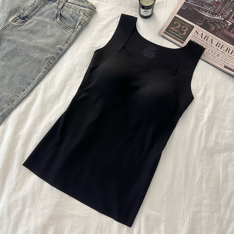 Black seamless nylon square neck tank top, flat lay on white bedding with jeans, size 2XL option photo
