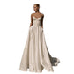 White A line wedding gown with hidden side pockets shown from the front