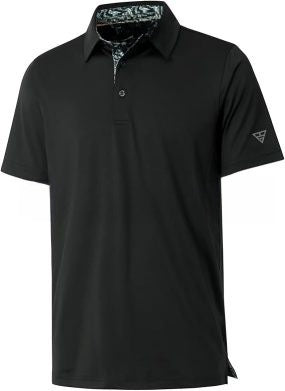 Men's short sleeve polo shirt with a solid body and a printed contrast collar, fitted cut in light polyester