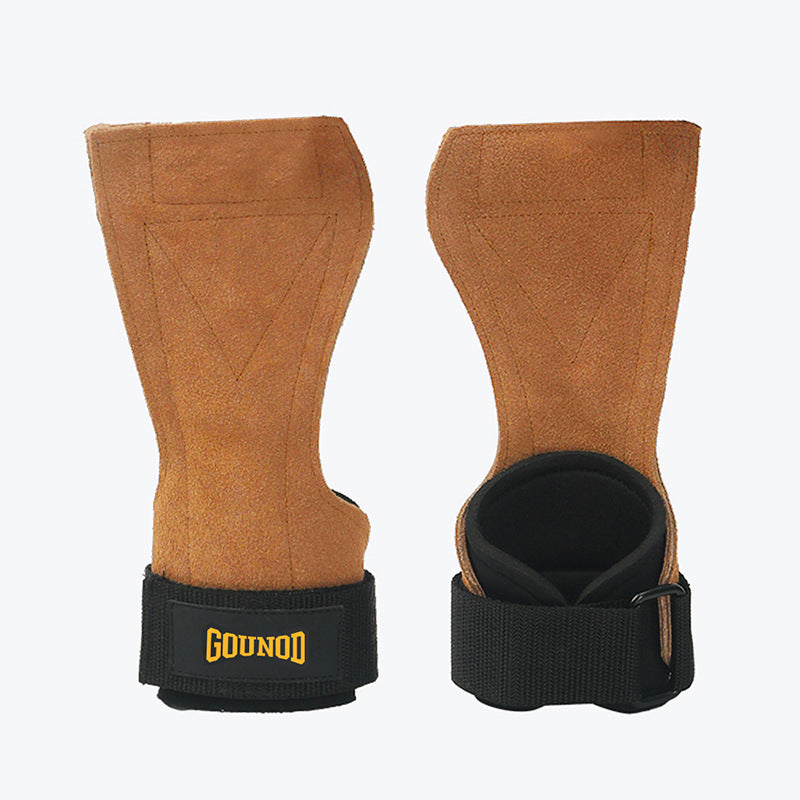 Weightlifting hand grip with a hook-and-loop wrist strap being fastened