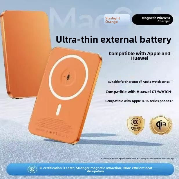 Magnetic power bank charging a phone that lies face up on a flat surface
