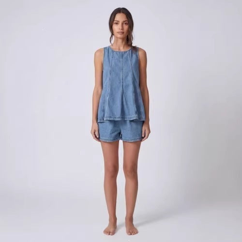 Women's Denim Vest and Shorts Set | macro material texture detail