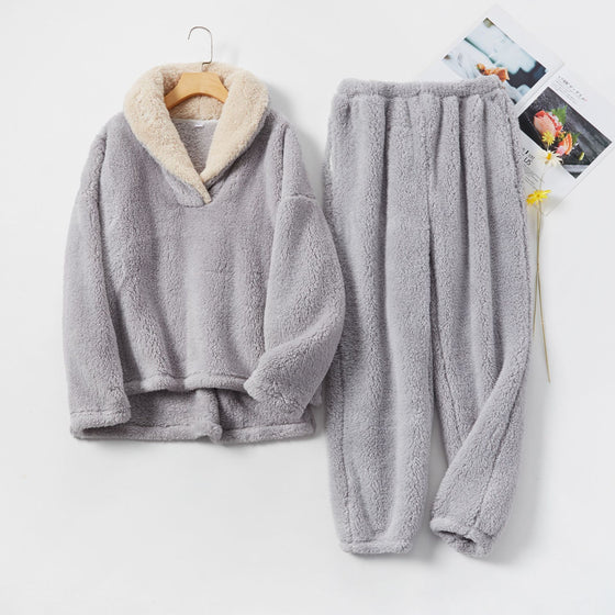 Plush Pajama Set with Shawl Collar Pullover and Pants