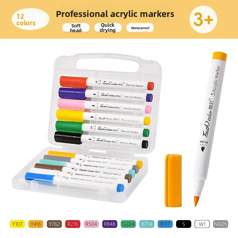Twelve color acrylic brush marker set in a clear carry case with labeled color codes below