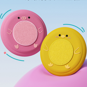 Pink pig and yellow chick soft plush flying disc dog toys side by side