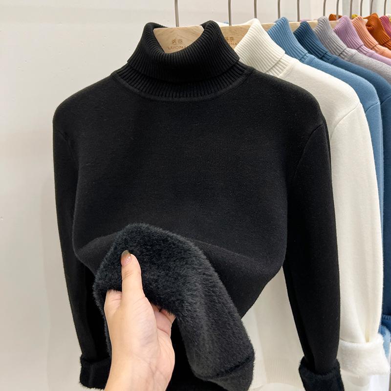 Black high collar fleece lined knit sweater, size XL option, shown on a hanger