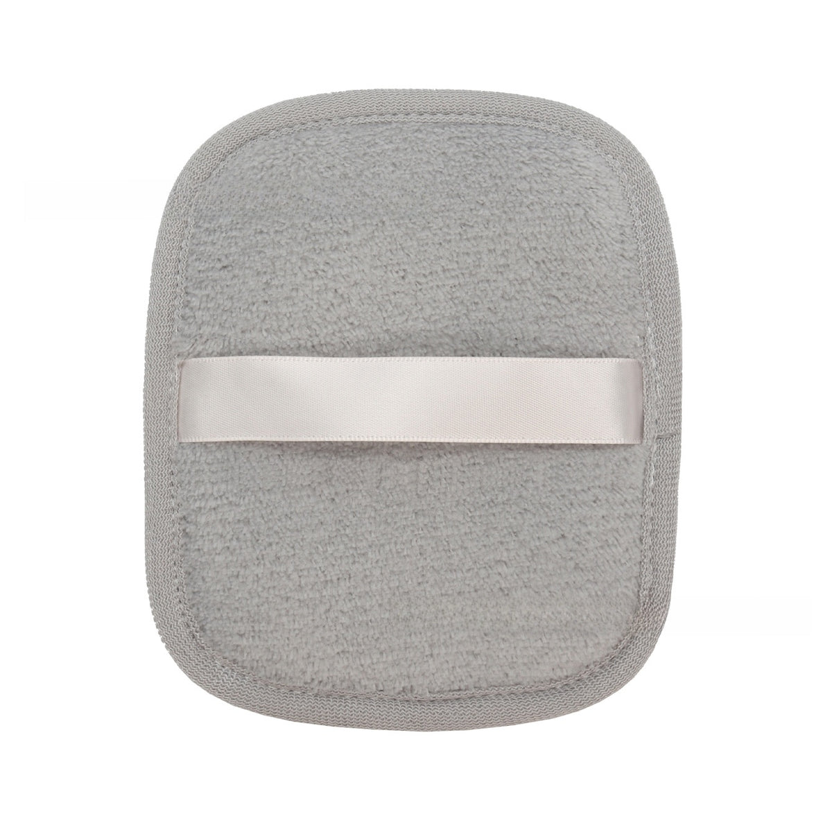 Reusable makeup remover pad with a satin hand strap shown on a plain background