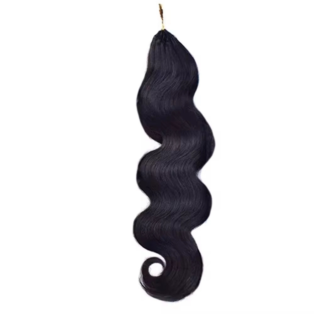Wavy black human hair crochet section shown against white with the loop end at the top