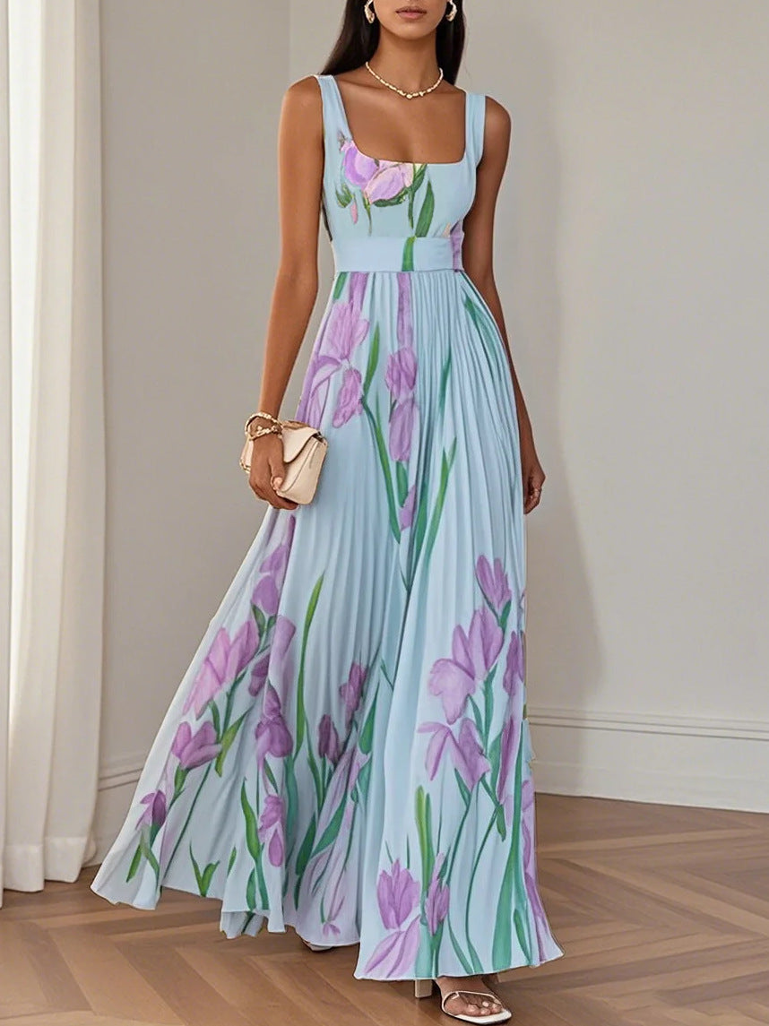 Floral Print Pleated Maxi Dress | indoor setting application