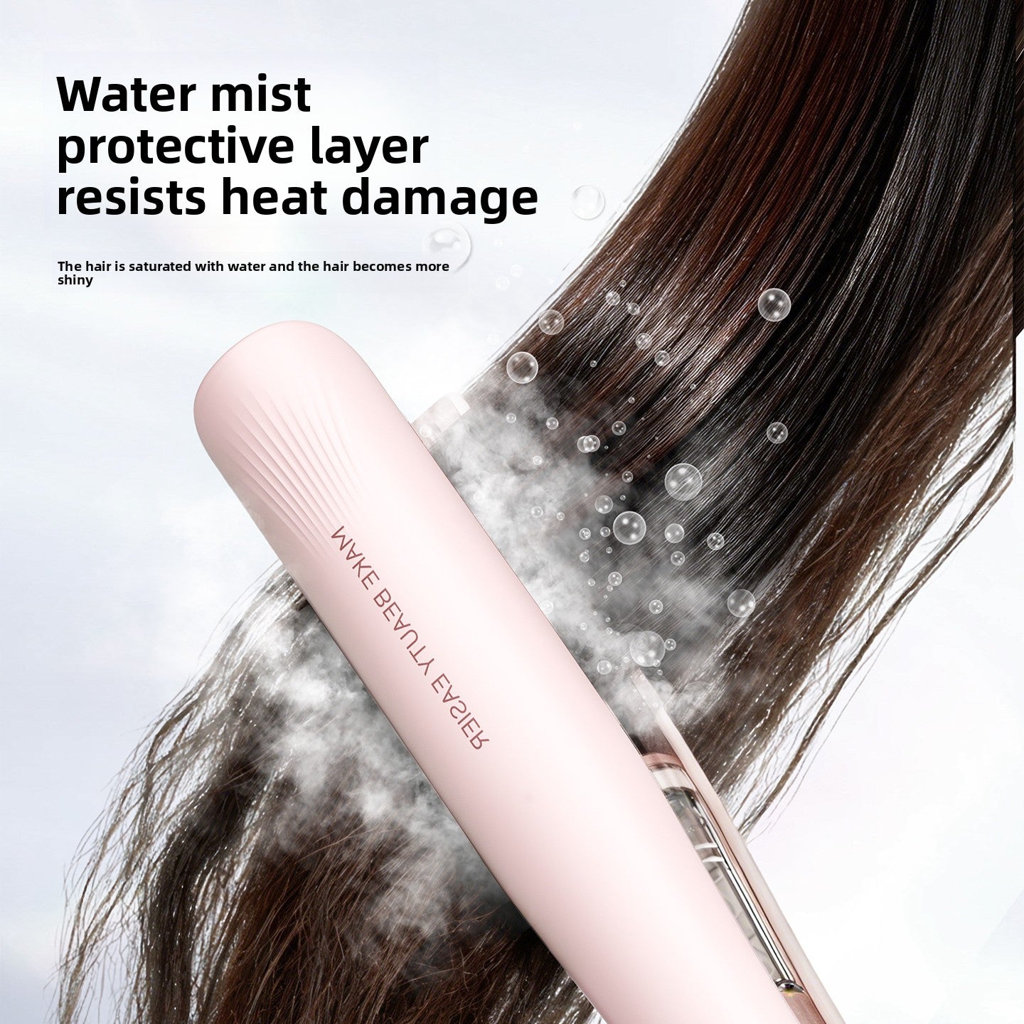 Maker lifestyle panel showing the pink cold mist straightener passing through long brown hair