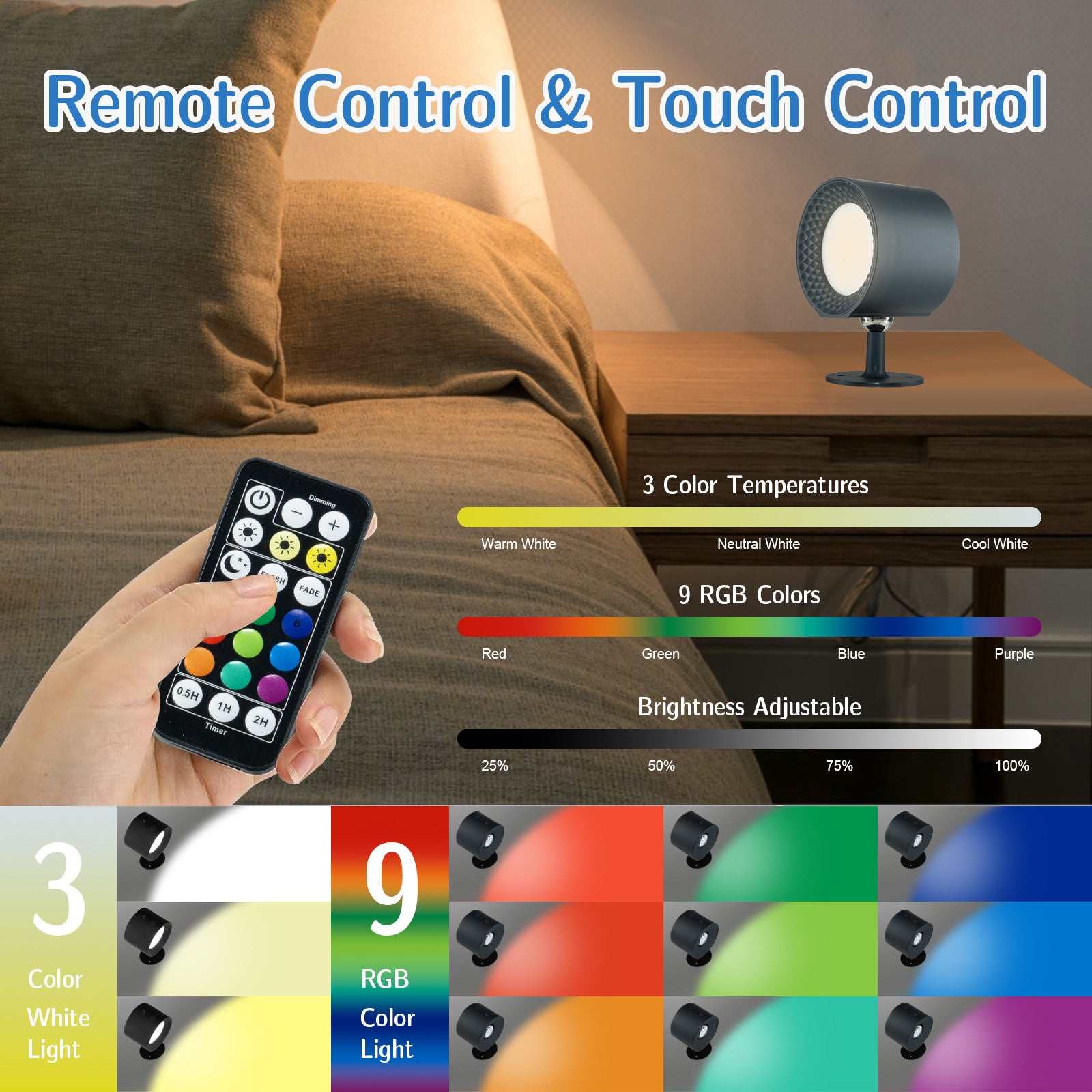 Magnetic wall lamp mounted by a bedside for cord-free reading light