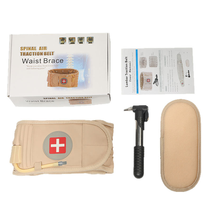 Flat lay of the beige lumbar support belt set with hand air pump and oval backing pad