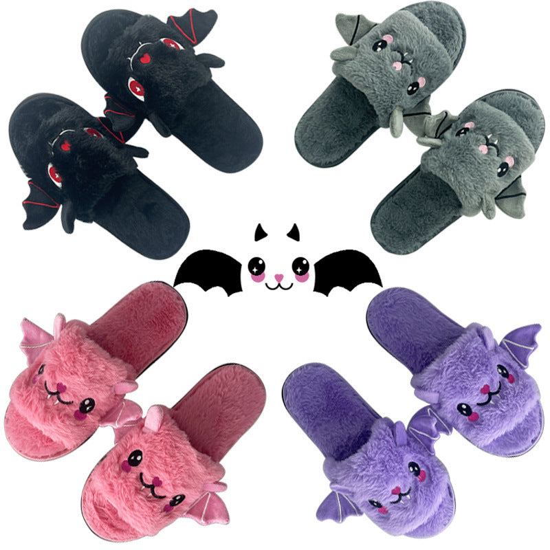 Bat Design Plush Slippers | angled lifestyle styling shot