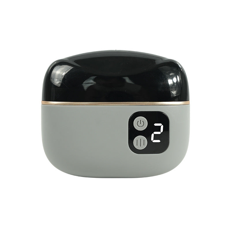 Gray electric nail clipper with glossy black top, gear display and two buttons on a plain white background