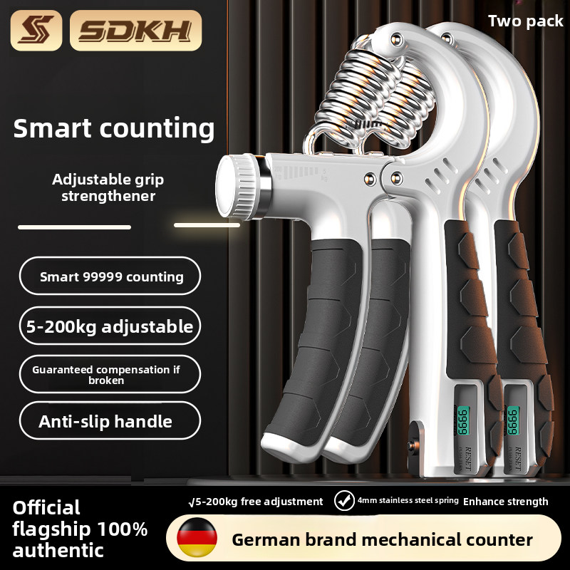 Grip strengthener shown in several colors with a dial and a rep counter