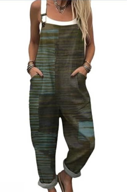 Dark green striped print bib overalls with side pockets and rolled cuffs, option photo for size 2XL