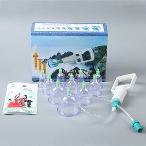 Ten clear cups, a white hand pump with a clear hose and a printed carton on a grey background, with an illustrated leaflet