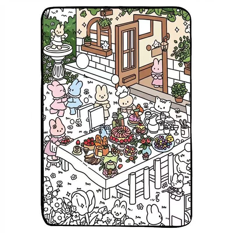 Wool felt doodle throw shown spread flat with its printed character art