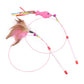Two cat teaser wands shown, one feather tuft style and one pink fish with ribbons, on steel wire
