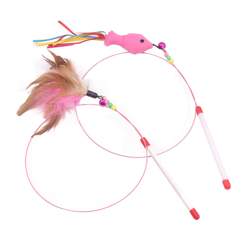 Two cat teaser wands shown, one feather tuft style and one pink fish with ribbons, on steel wire