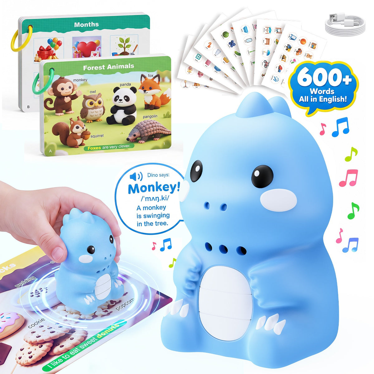 Blue dinosaur talking reader with word cards, sticker sheets and a 600 plus words callout, option photo