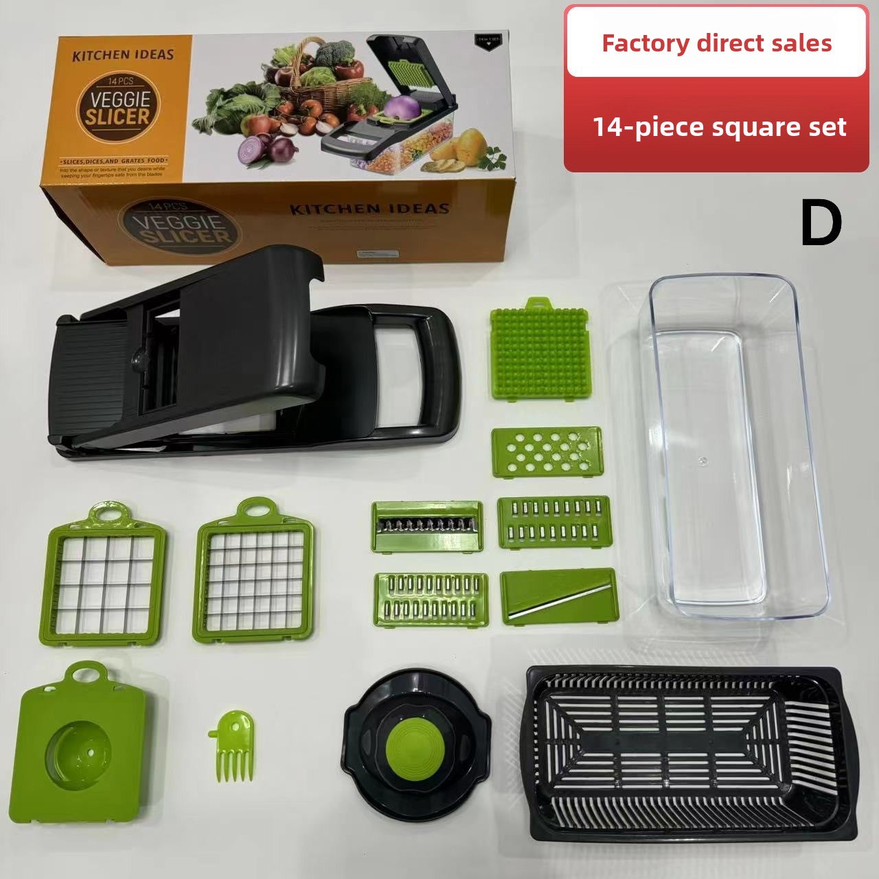 Fourteen piece square vegetable chopper set with blades, basket and container