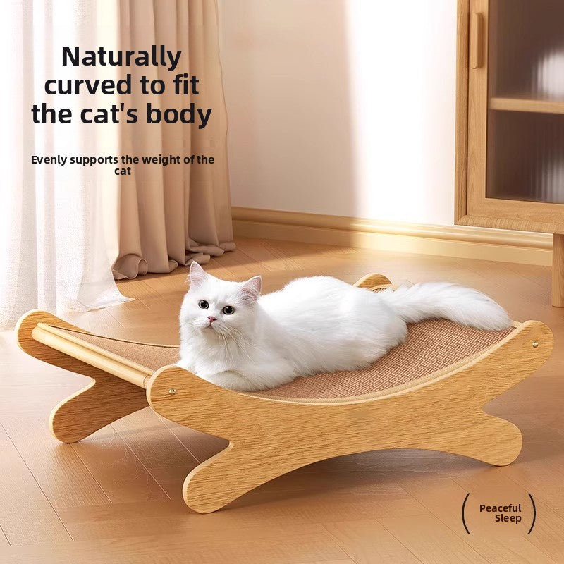 Curved engineered wood cat scratcher lounger shown empty from the side