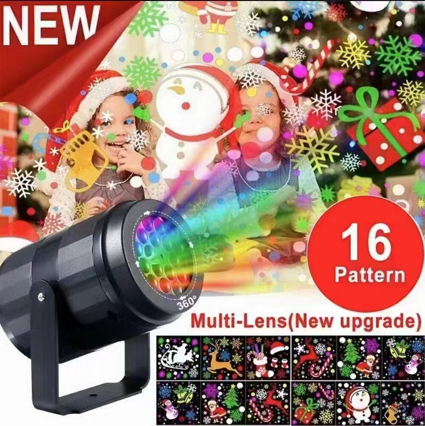 Black LED 16 pattern multi-lens projector casting rainbow Christmas and Halloween shapes