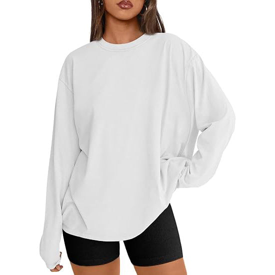 White loose fit long sleeve rayon top with black bike shorts, front view, size L option