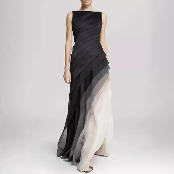 Layered organza dress laid flat as a sizing reference