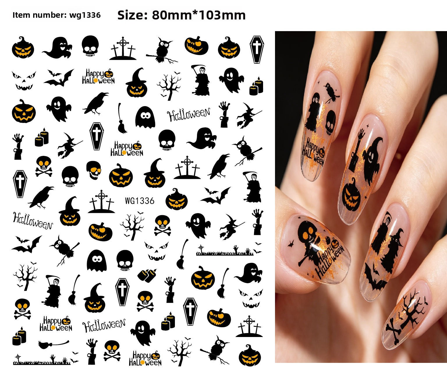 Halloween nail sticker sheet packed with jack o lantern and ghost motifs