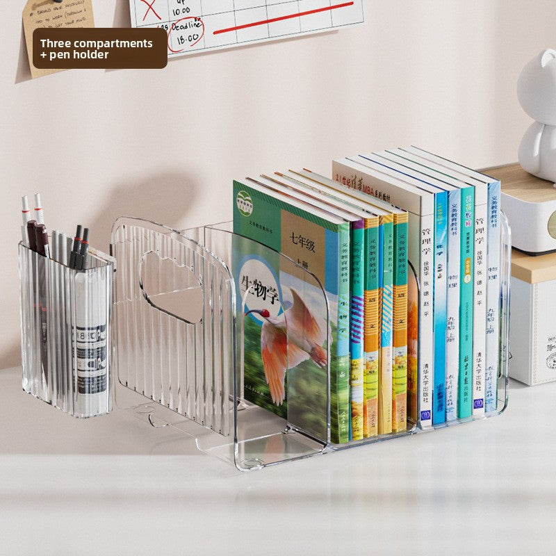 Clear 3 section book organizer with a detachable pen holder at the left, option 3-Compartment Transparent with Pen Holder
