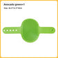 Avocado green groomer brush shown flat next to the label size 26.5 by 12.5 by 10 cm
