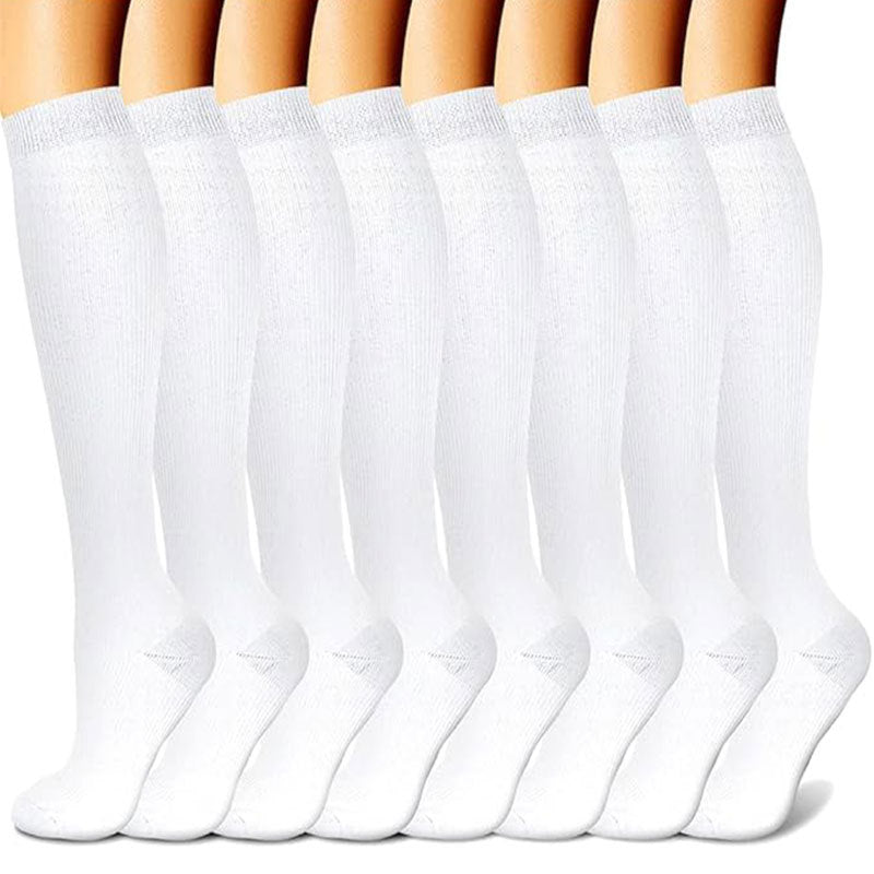 Set of knee-high compression socks displayed in assorted printed color combinations