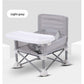 Light grey folding baby feeding chair without canopy, white tray and grey metal frame