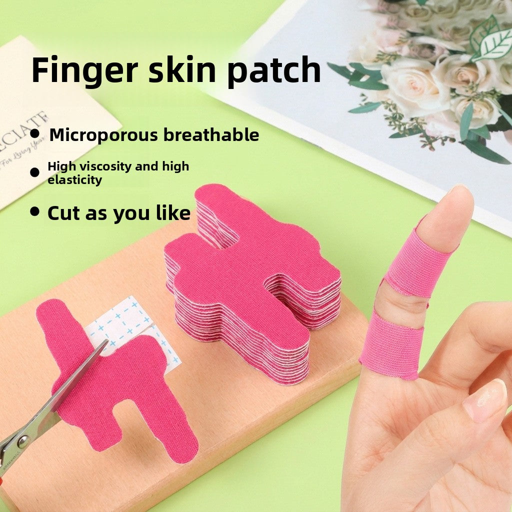 Beige special shaped elastic cotton finger tape wrapped around a finger with the four colours shown below