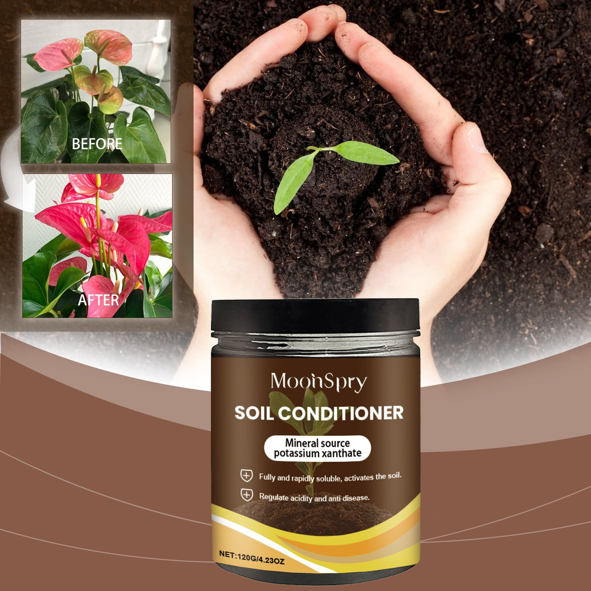 MoonSpry Soil Conditioner jar, 120g, in front of hands holding soil with a seedling and two plant photos