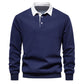 Close up of the flat shirt collar and button placket on the polo pullover
