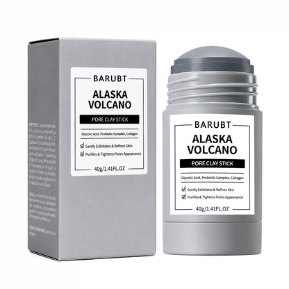 BARUBT Alaska Volcano pore clay stick in gray beside its gray carton, 40 g, glycolic acid, probiotic complex, collagen
